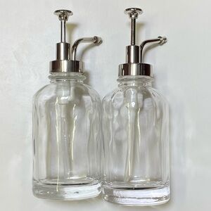 Two Elegant Clear Glass Oilcan Soap & Lotion  Dispenser Set w/Chrome Accents